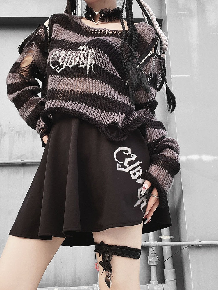 Punk Dark Gray Zip Design Striped Pattern Sweater
