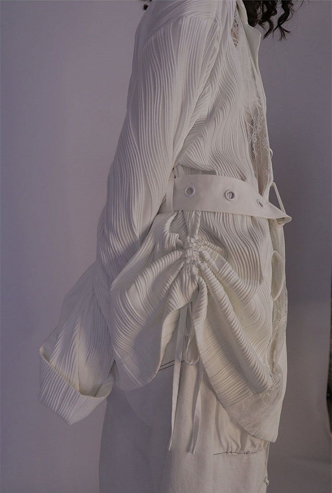 Lace-up Collar Wasteland Punk White Shirt with Waist Belt