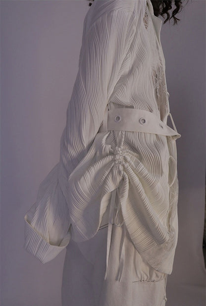 Lace-up Collar Wasteland Punk White Shirt with Waist Belt