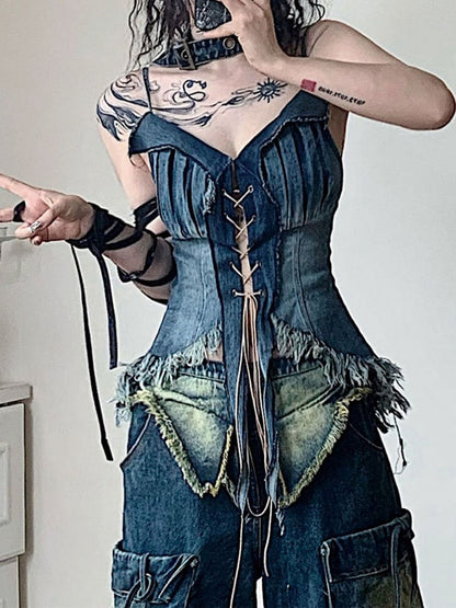 Lace-up Detail Navy Blue Glamorous Denim Cami Top