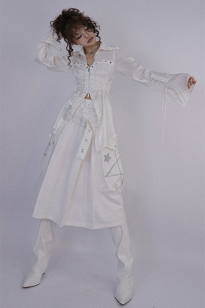 White Box Pleat Long Skirt Star Embroidery Pockets