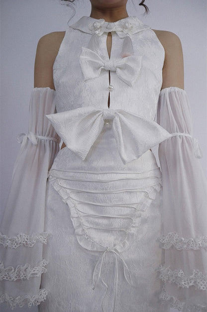 White Detachable Sleeveless Dress and Sleeves Set