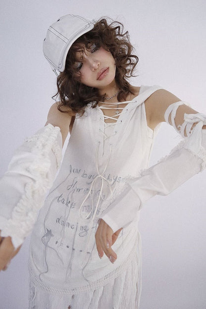 Dune Inspired White Hooded Long Vest Drawstring Hem