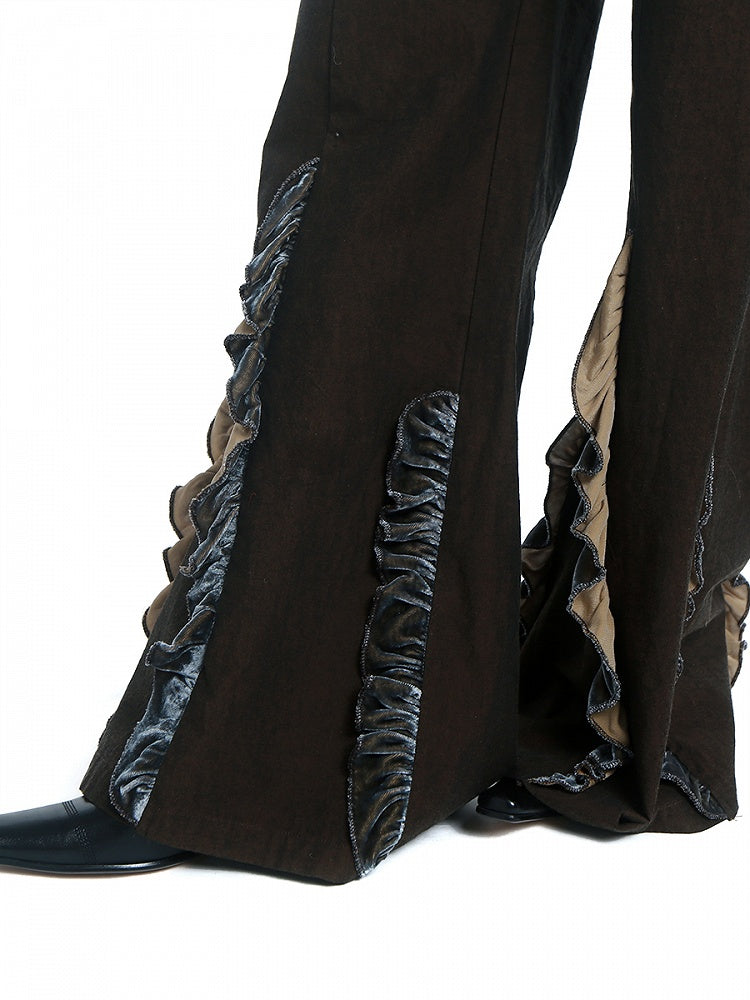 Dark Brown Cross-over Waistband Wide Leg Pants Ruffles Hem