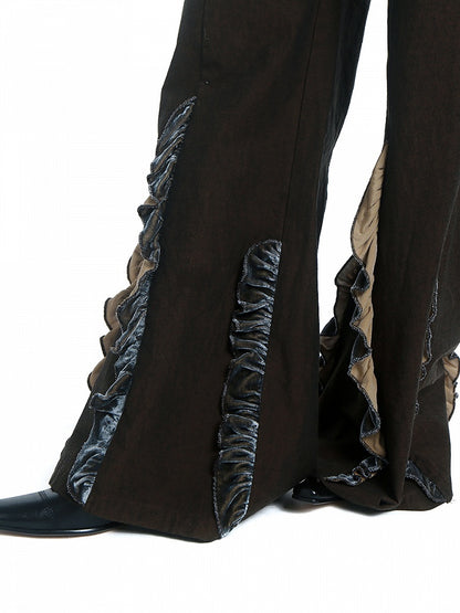 Dark Brown Cross-over Waistband Wide Leg Pants Ruffles Hem