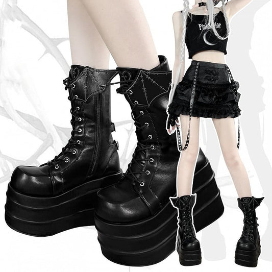 Black Bat Wings Design Lace-up Strap Platform Boots Martens