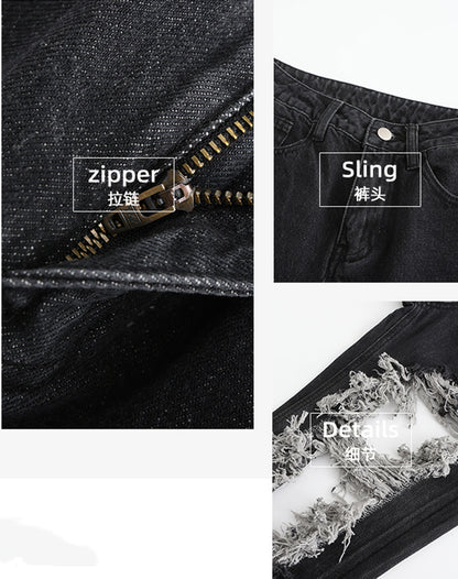 Distressed Holes Design Raw Fringes Black Jeans