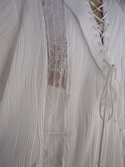 Lace-up Collar Wasteland Punk White Shirt with Waist Belt