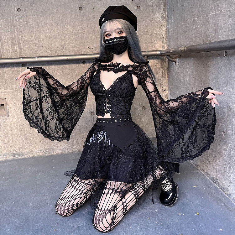 Black Lace Bell Sleeves Shrug and Cami Top Set