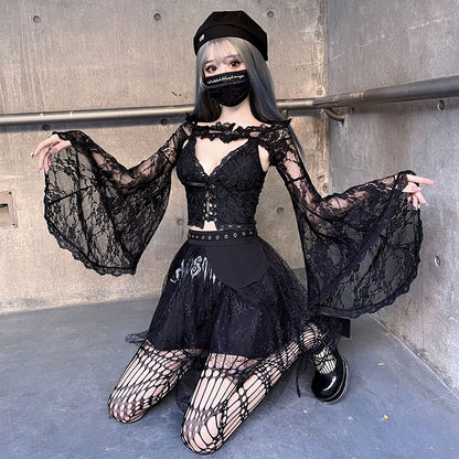 Black Lace Bell Sleeves Shrug and Cami Top Set