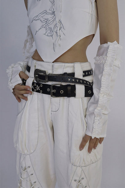 Lace-up Details White Denim Pants Double Waistband (Waistbelts Not Included)