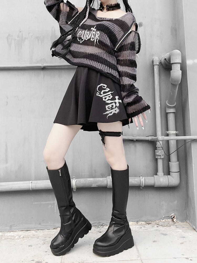 Punk Dark Gray Zip Design Striped Pattern Sweater