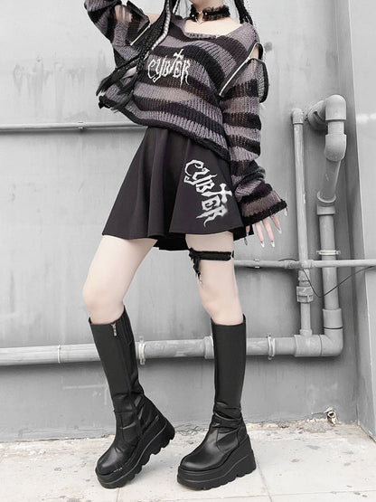 Punk Dark Gray Zip Design Striped Pattern Sweater