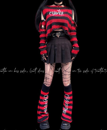 Punk Red/ Black Striped Pattern Leg Warmers