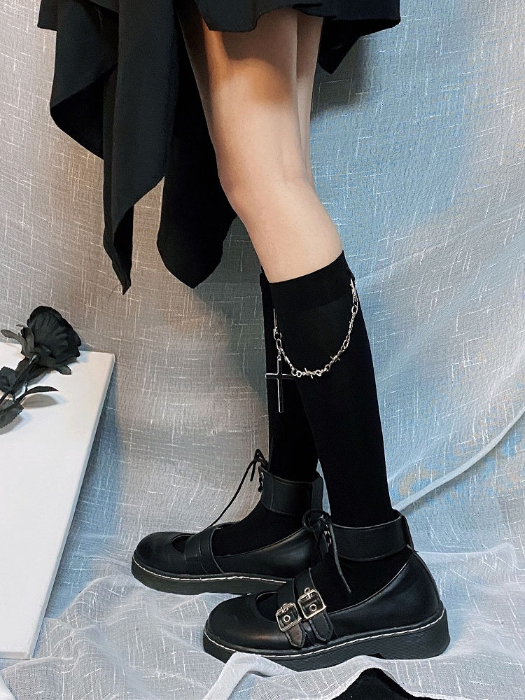 Cross Chain Decorated Black Under Knee Stockings
