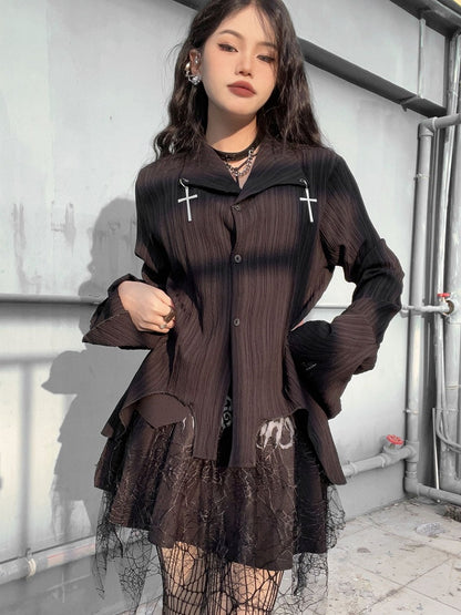 Cross Decorative Irregular Hem Punk Black Shirt