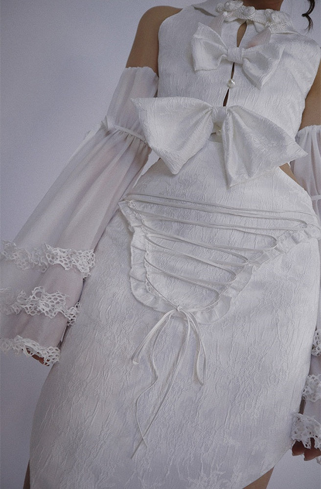 White Detachable Sleeveless Dress and Sleeves Set