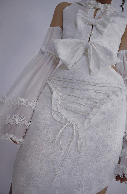 White Detachable Sleeveless Dress and Sleeves Set