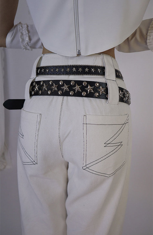 Lace-up Details White Denim Pants Double Waistband (Waistbelts Not Included)