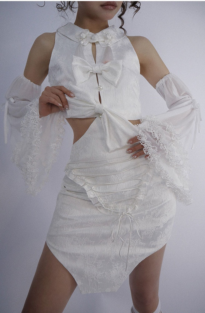 White Detachable Sleeveless Dress and Sleeves Set