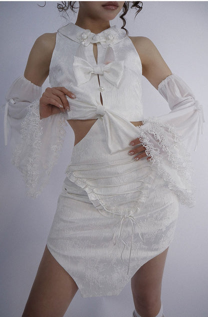 White Detachable Sleeveless Dress and Sleeves Set