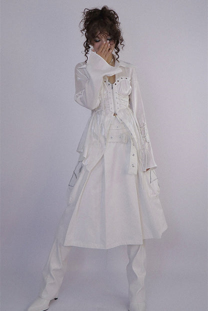 White Box Pleat Long Skirt Star Embroidery Pockets