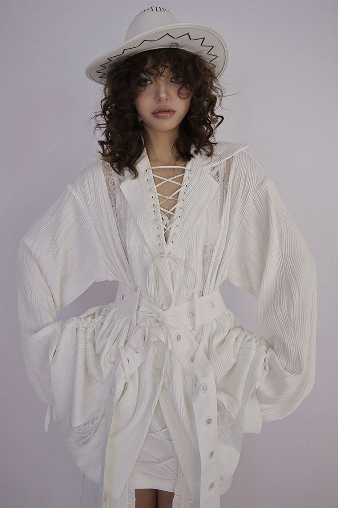 Lace-up Collar Wasteland Punk White Shirt with Waist Belt