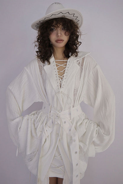 Lace-up Collar Wasteland Punk White Shirt with Waist Belt