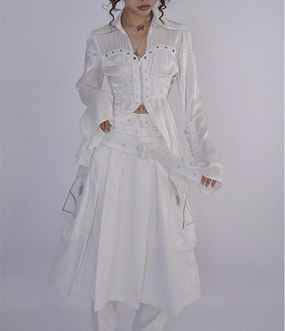 White Box Pleat Long Skirt Star Embroidery Pockets