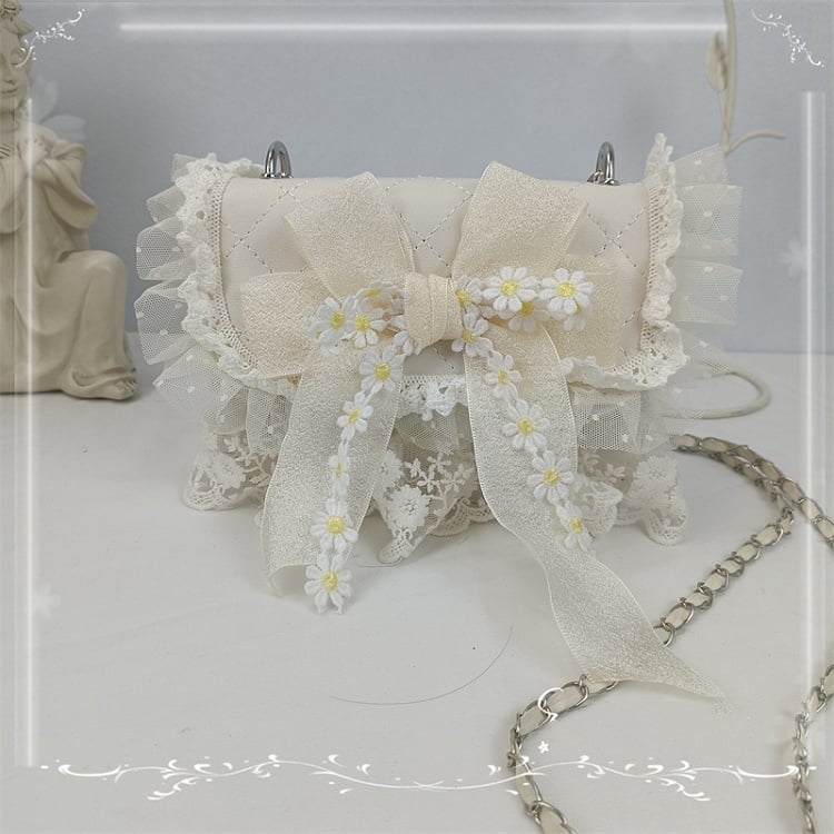 Lace Trim Floral Design Bow White / Beige Shoulder Bag