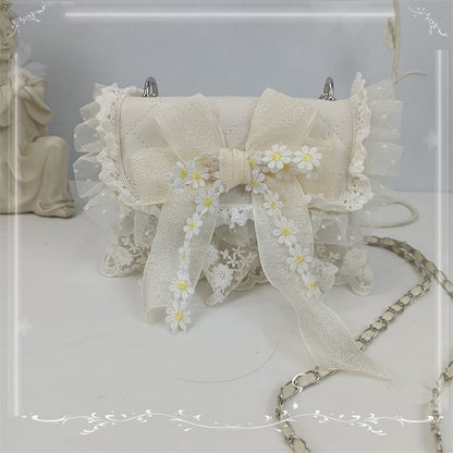 Lace Trim Floral Design Bow White / Beige Shoulder Bag