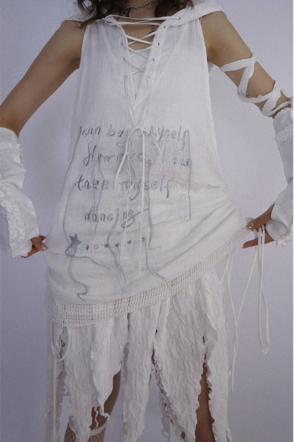 Dune Inspired White Hooded Long Vest Drawstring Hem