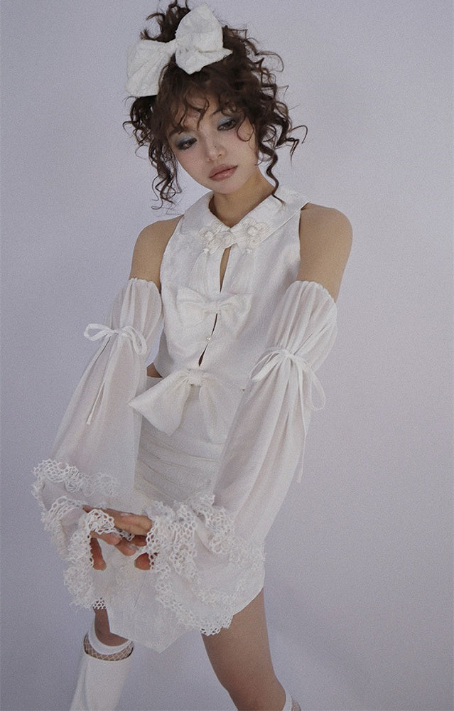 White Detachable Sleeveless Dress and Sleeves Set