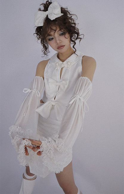 White Detachable Sleeveless Dress and Sleeves Set