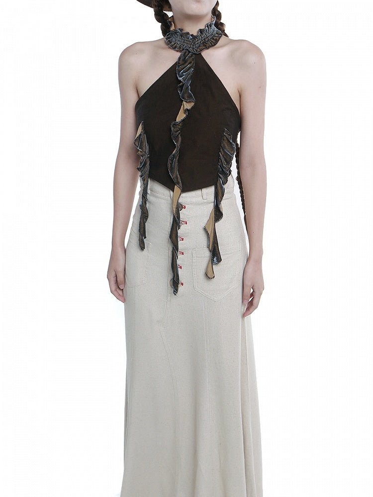 Coffee Ruffled Cropped Halter Top with Fringe