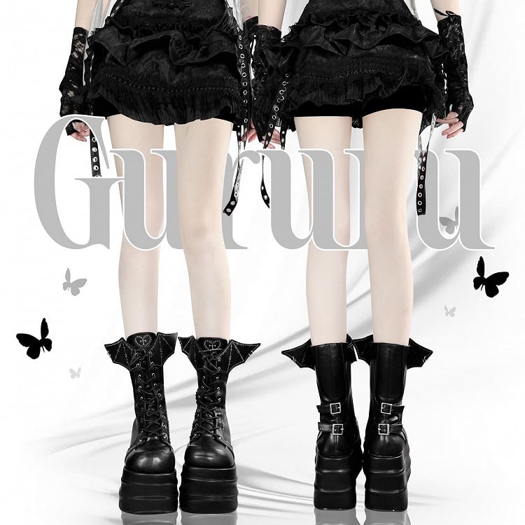 Black Bat Wings Design Lace-up Strap Platform Boots Martens
