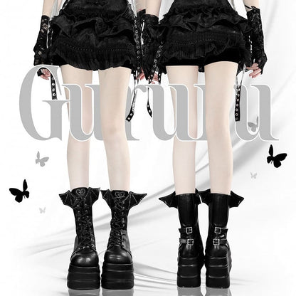 Black Bat Wings Design Lace-up Strap Platform Boots Martens