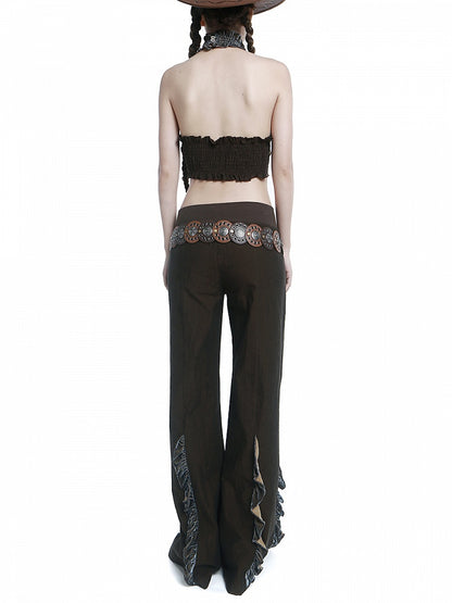 Dark Brown Cross-over Waistband Wide Leg Pants Ruffles Hem