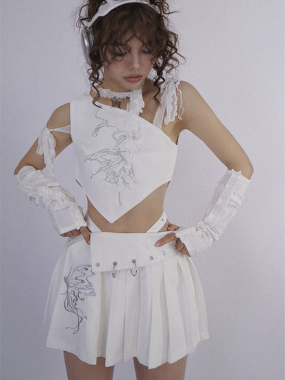 Butterfly Embroidery White Pleated Skirt