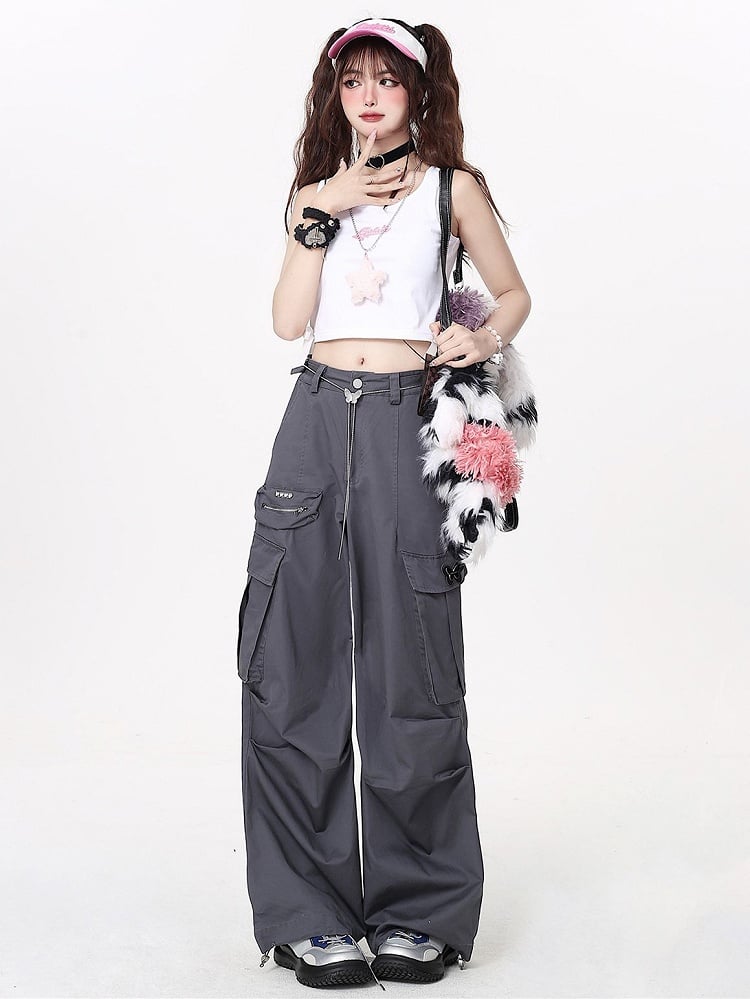 Gray Techwear Wide-leg Cargo Pants with Butterfly Waist Chain