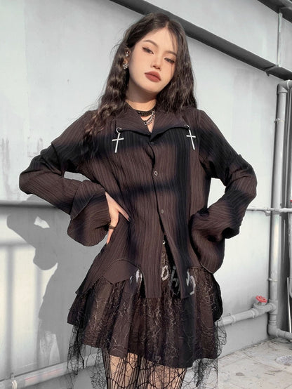 Cross Decorative Irregular Hem Punk Black Shirt