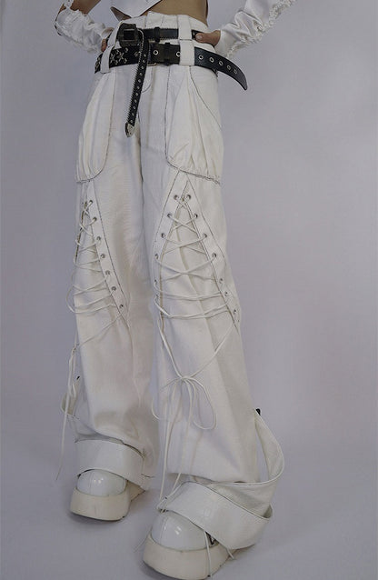 Lace-up Details White Denim Pants Double Waistband (Waistbelts Not Included)