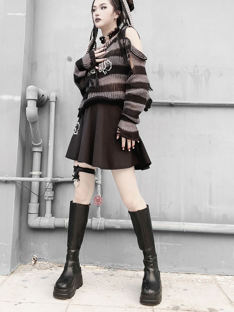 Punk Dark Gray Zip Design Striped Pattern Sweater