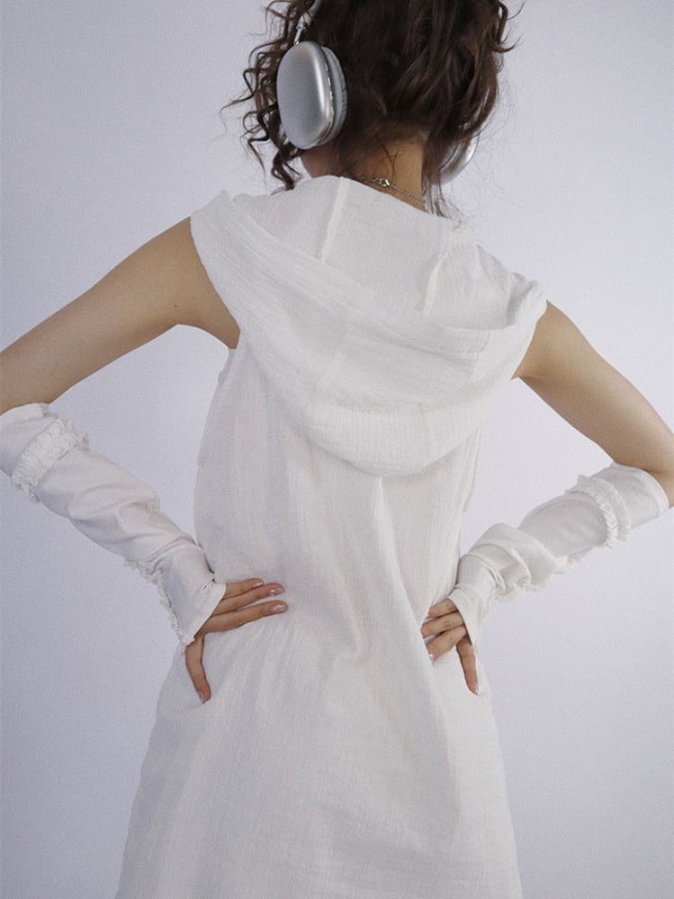 Dune Inspired White Hooded Long Vest Drawstring Hem