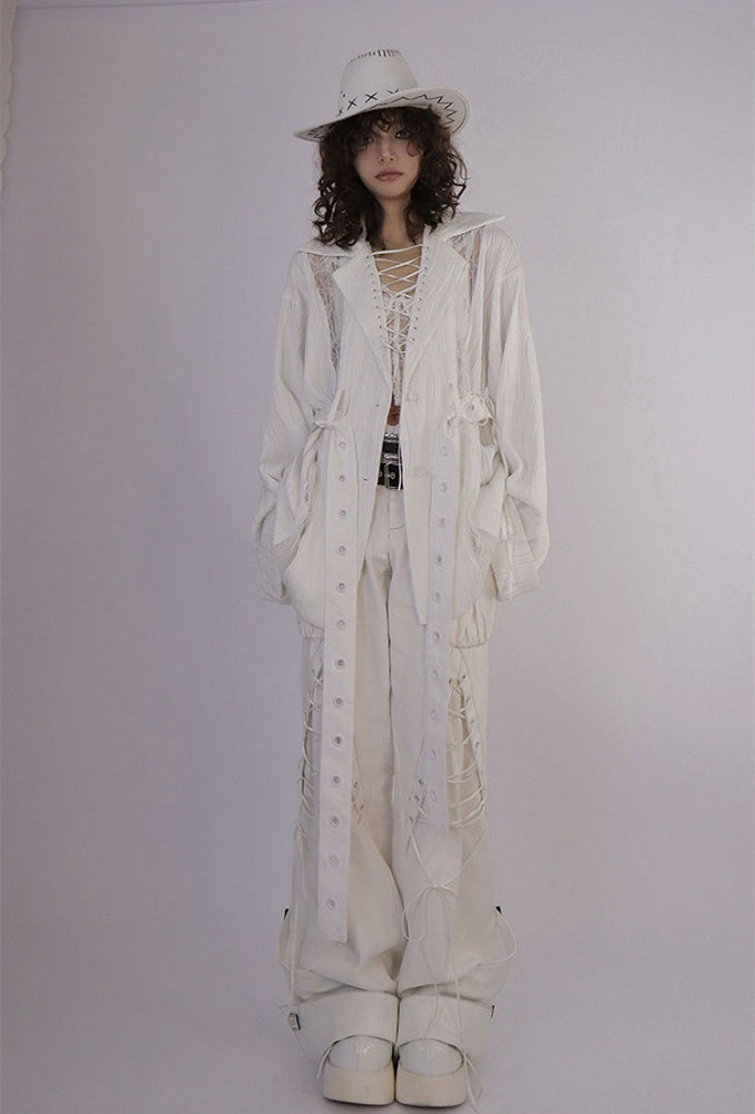 Lace-up Details White Denim Pants Double Waistband (Waistbelts Not Included)