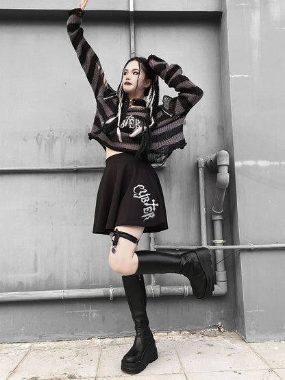 Punk Dark Gray Zip Design Striped Pattern Sweater