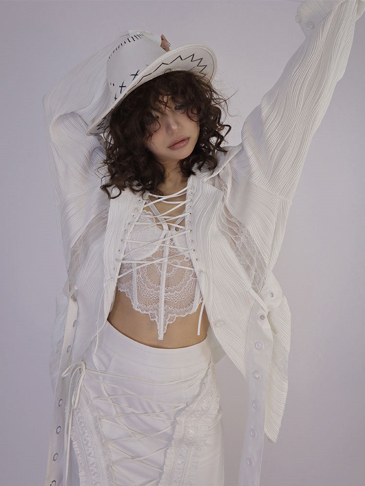 Lace-up Collar Wasteland Punk White Shirt with Waist Belt