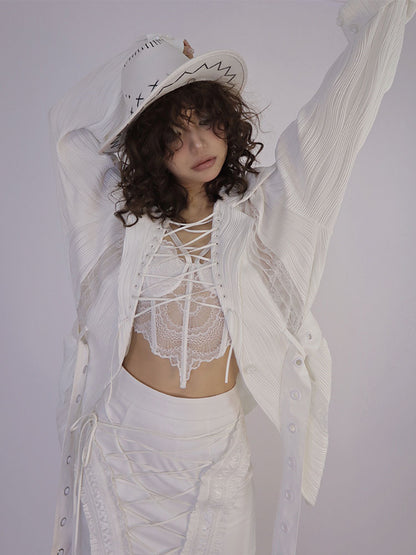 Lace-up Collar Wasteland Punk White Shirt with Waist Belt