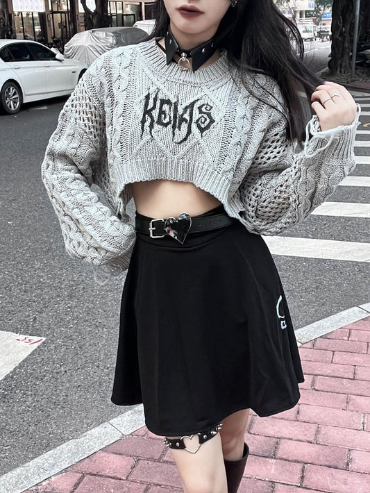 Clearance-Free Size for Bust 120CM Gray Punk Round Neck Distressed Cropped Sweater