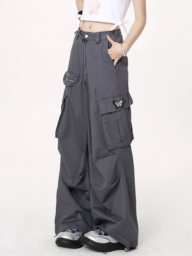 Gray Techwear Wide-leg Cargo Pants with Butterfly Waist Chain